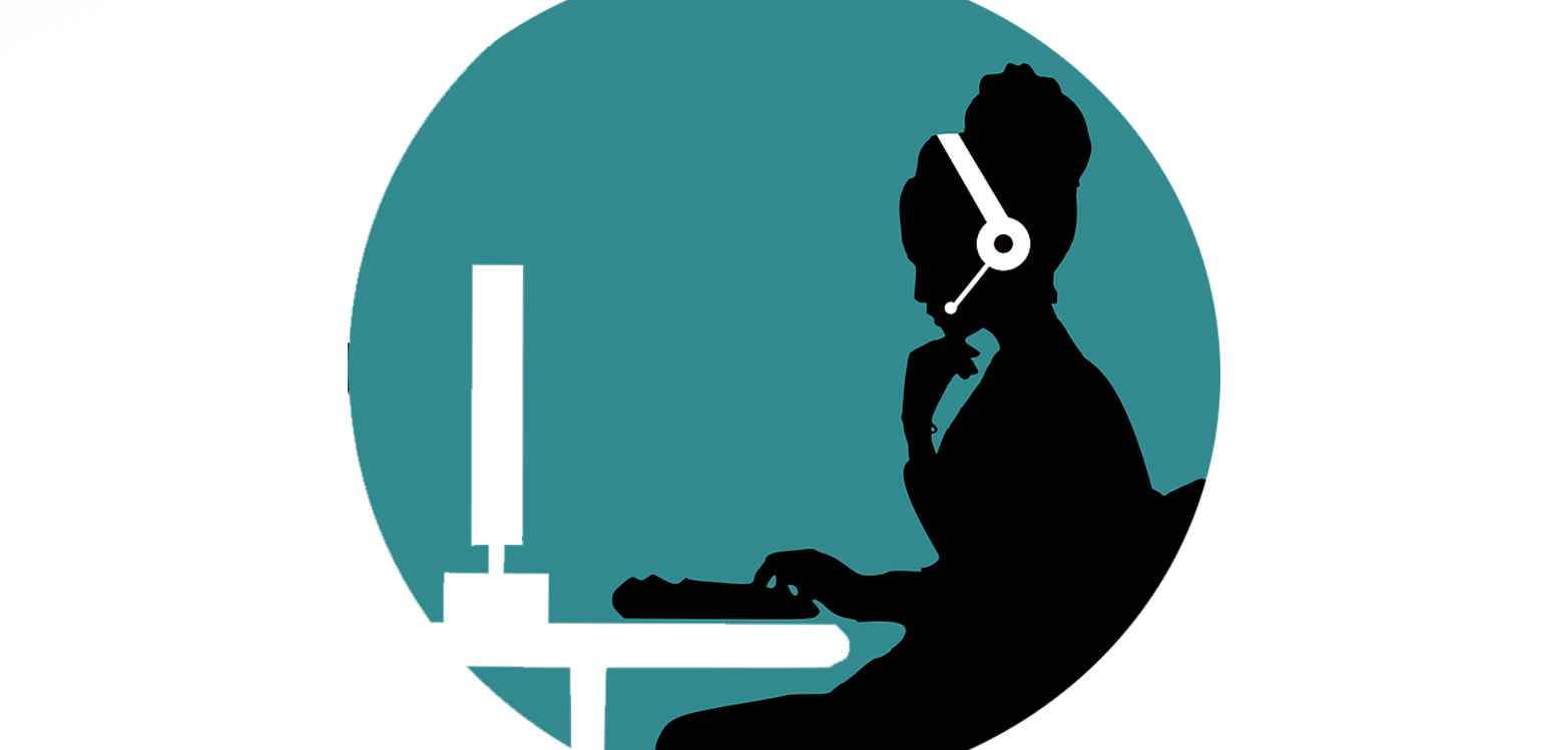 Drawing of woman with headset on computer